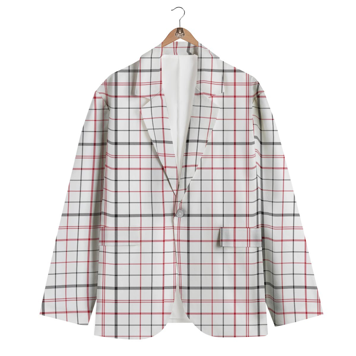 Tattersall White And Red Print Pattern Men's Blazer-grizzshop