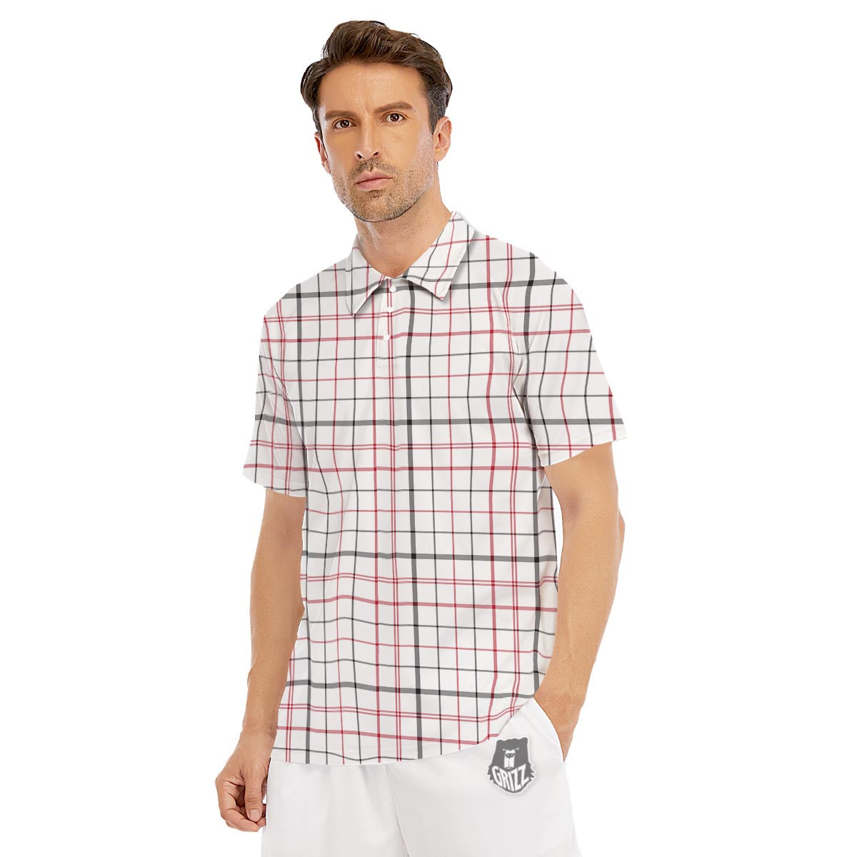 Tattersall White And Red Print Pattern Men's Golf Shirts-grizzshop