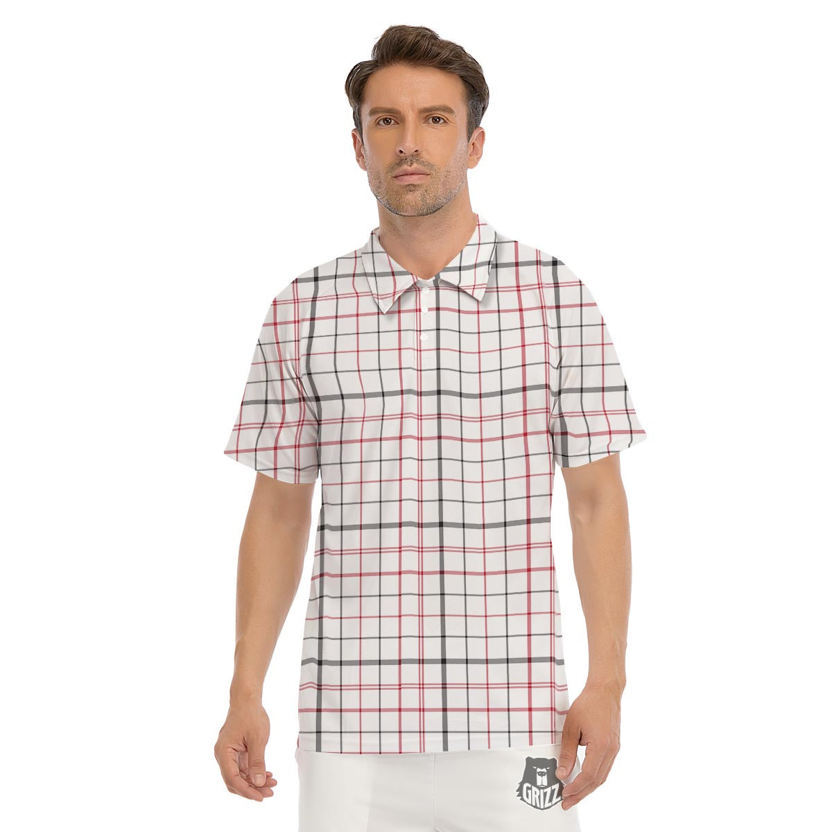 Tattersall White And Red Print Pattern Men's Golf Shirts-grizzshop