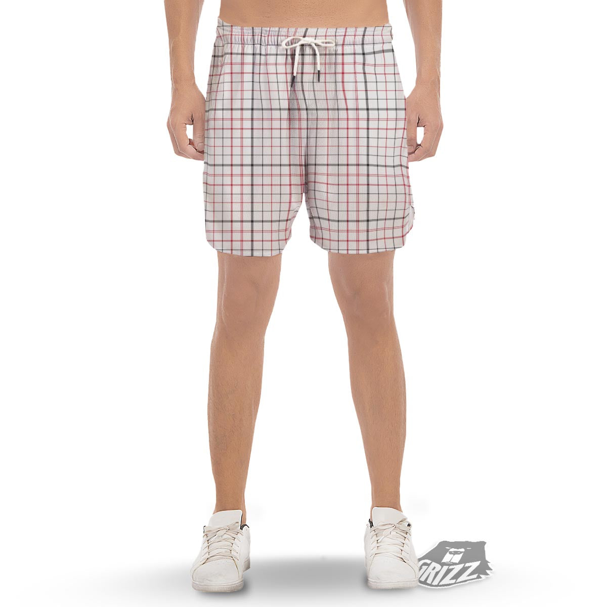 Tattersall White And Red Print Pattern Men's Gym Shorts-grizzshop