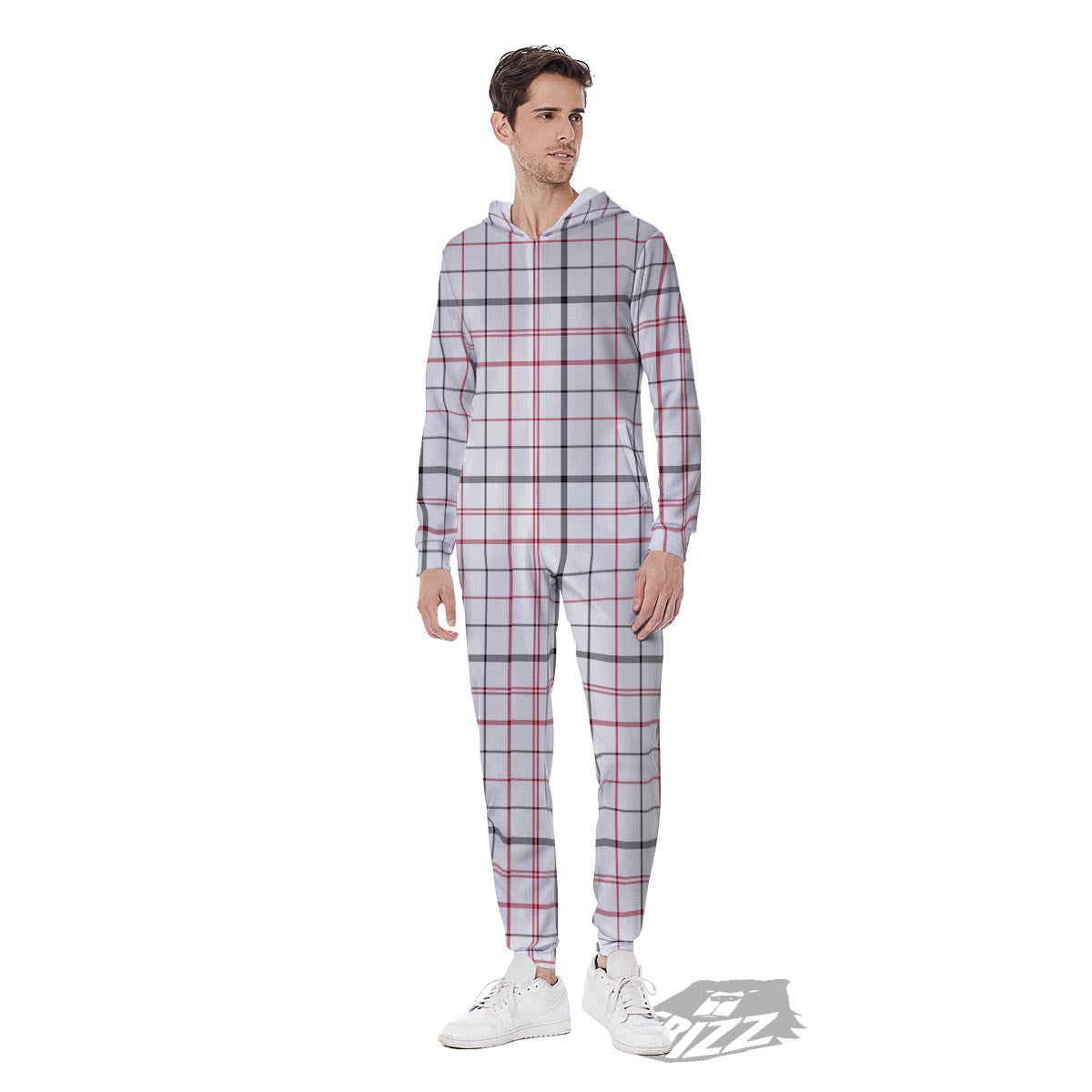 Tattersall White And Red Print Pattern Men's Jumpsuit-grizzshop