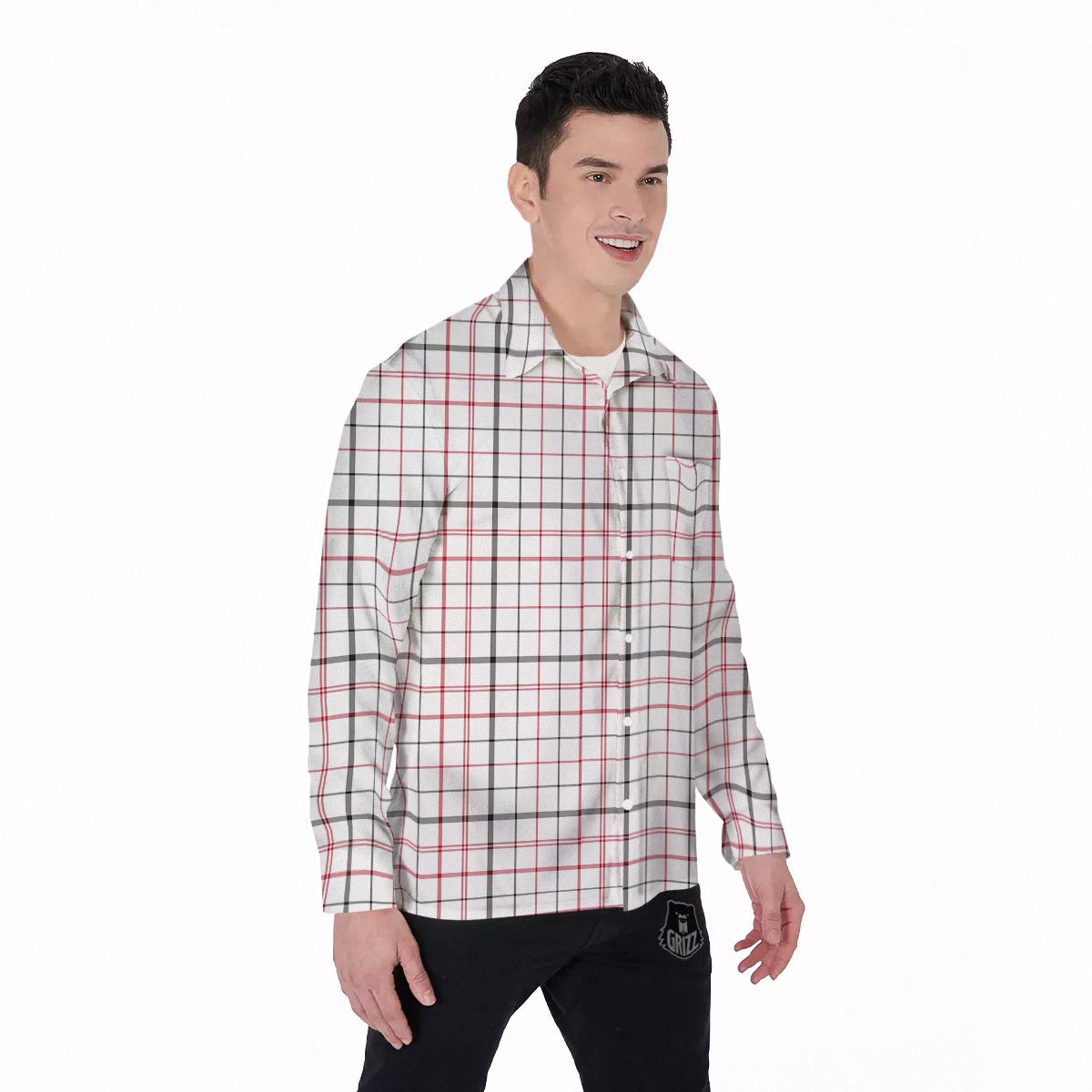 Tattersall White And Red Print Pattern Men's Long Sleeve Shirts-grizzshop