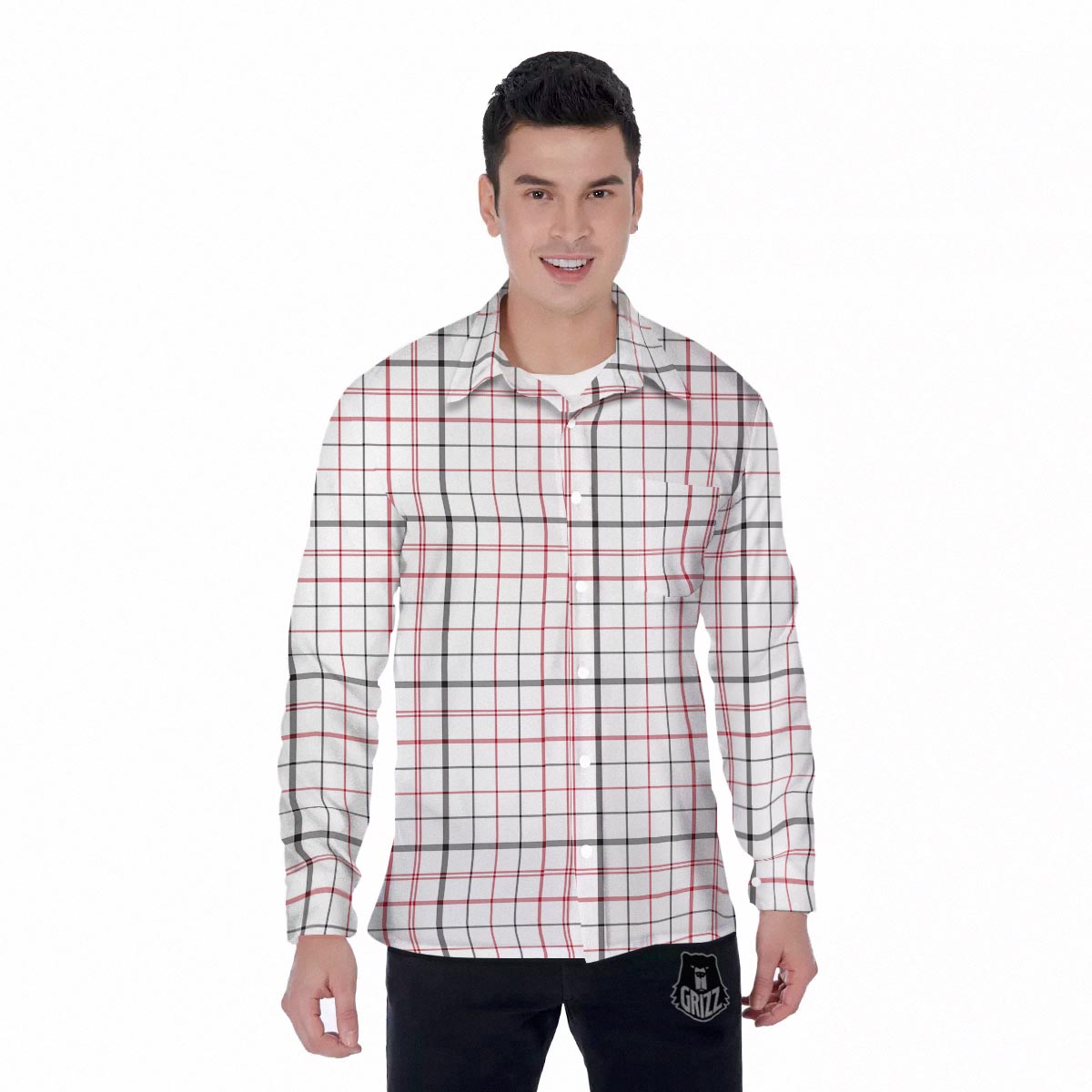 Tattersall White And Red Print Pattern Men's Long Sleeve Shirts-grizzshop