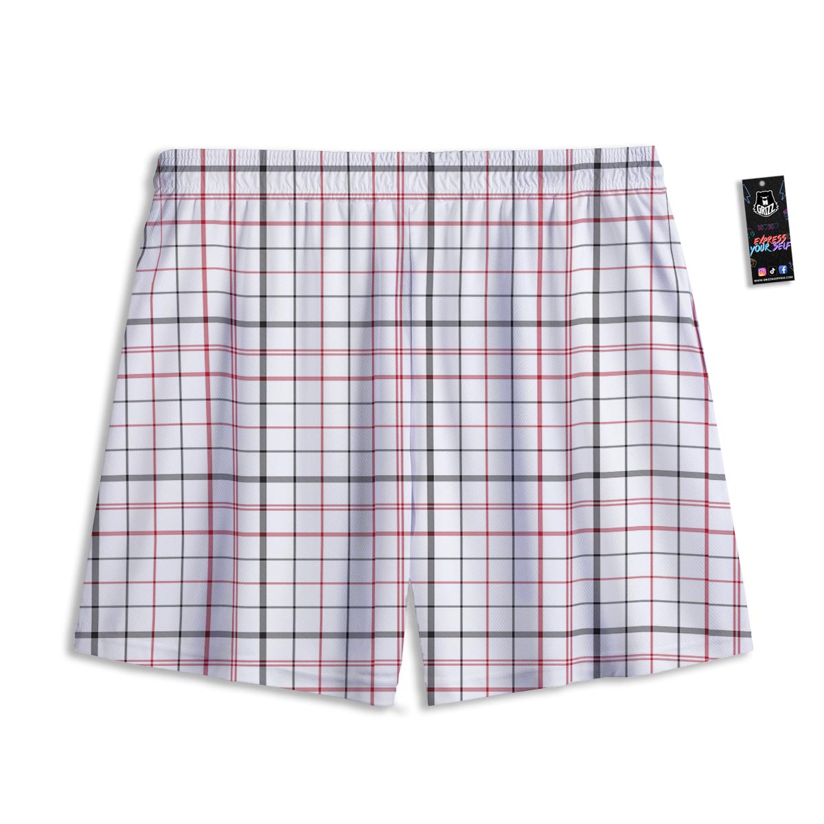Tattersall White And Red Print Pattern Mesh Shorts