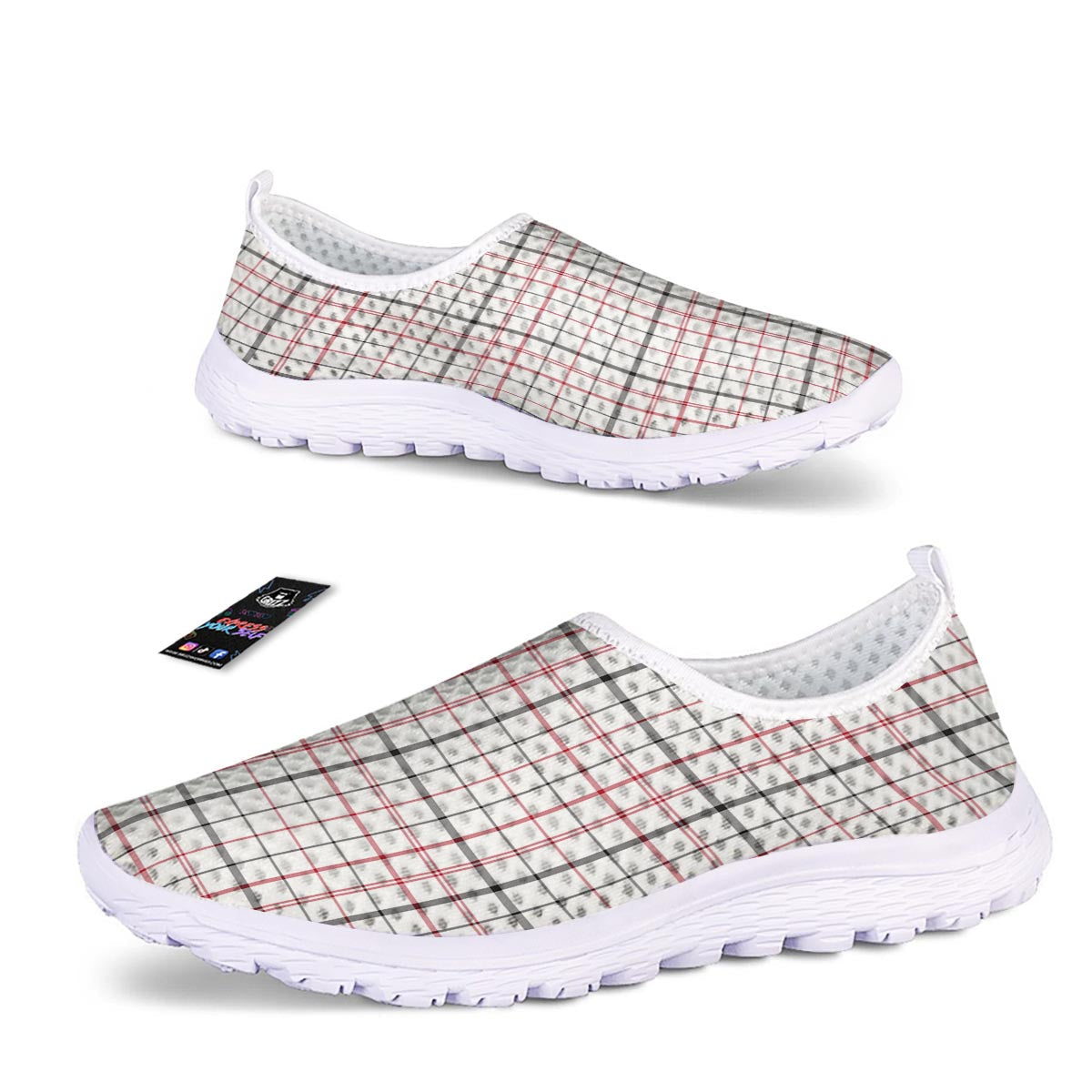 Tattersall White And Red Print Pattern Nurse Shoes-grizzshop