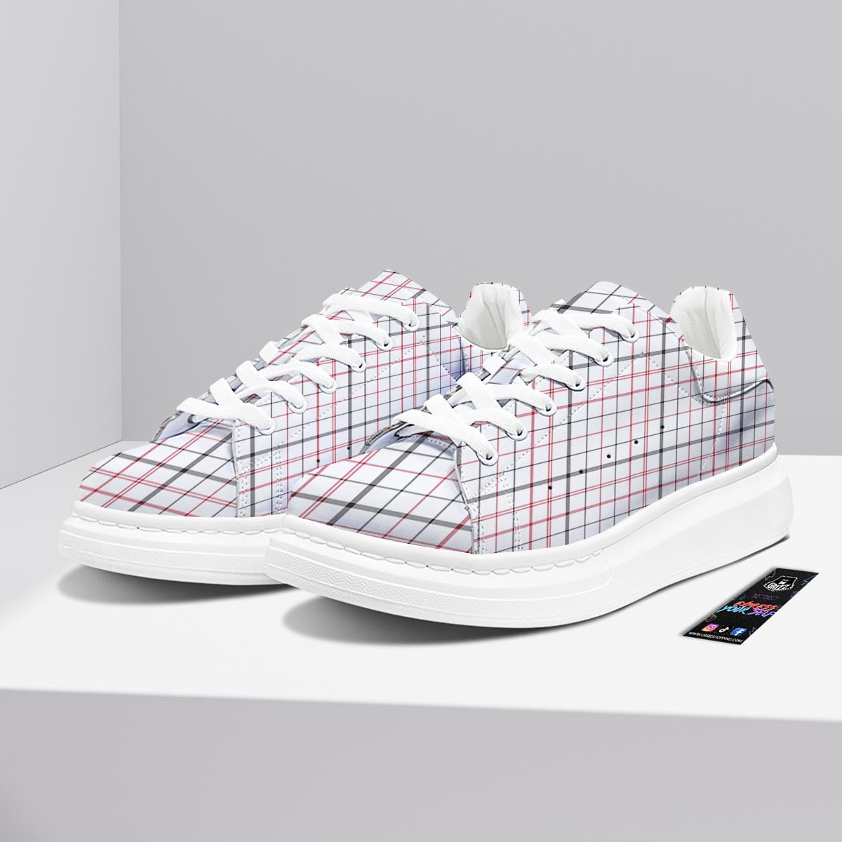Tattersall White And Red Print Pattern Platform Shoes-grizzshop