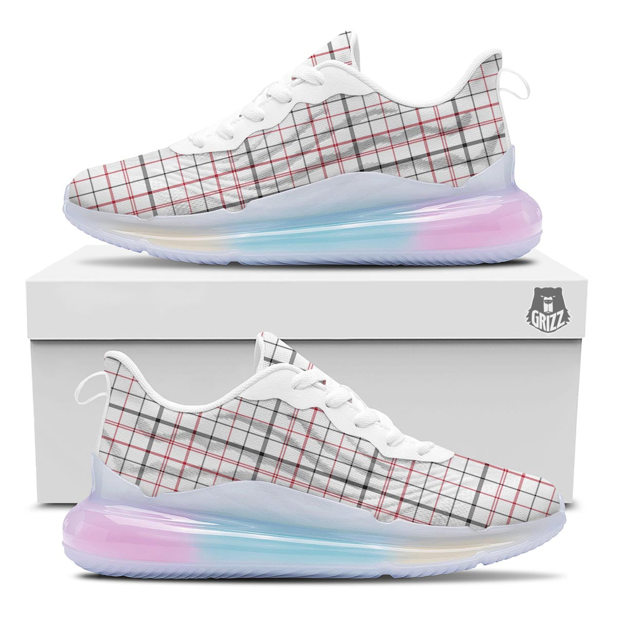 Tattersall White And Red Print Pattern Running Sneakers-grizzshop