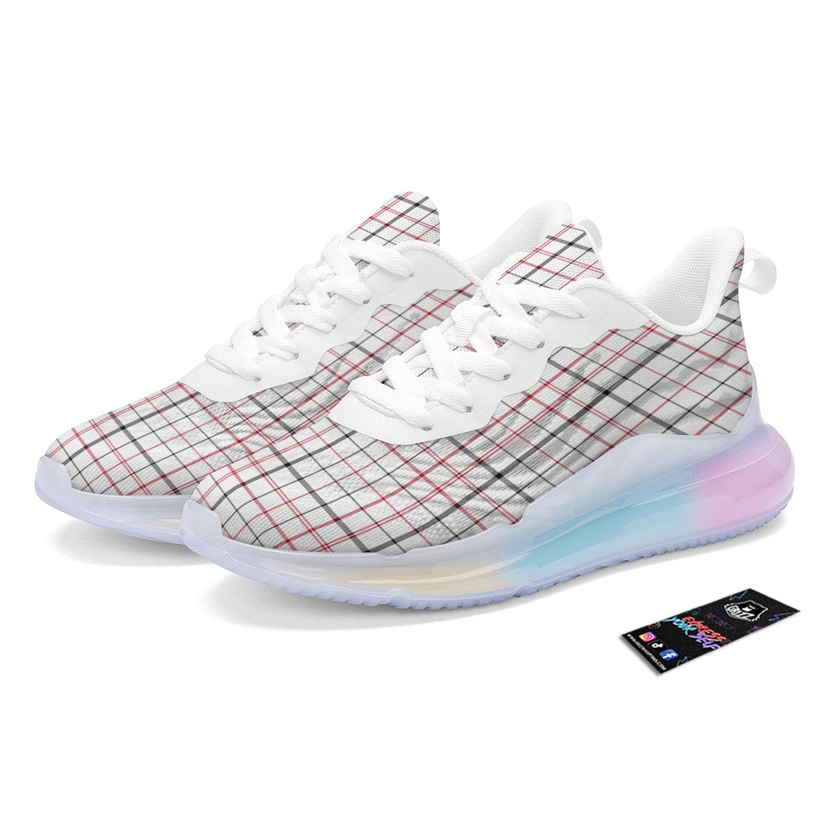 Tattersall White And Red Print Pattern Running Sneakers-grizzshop