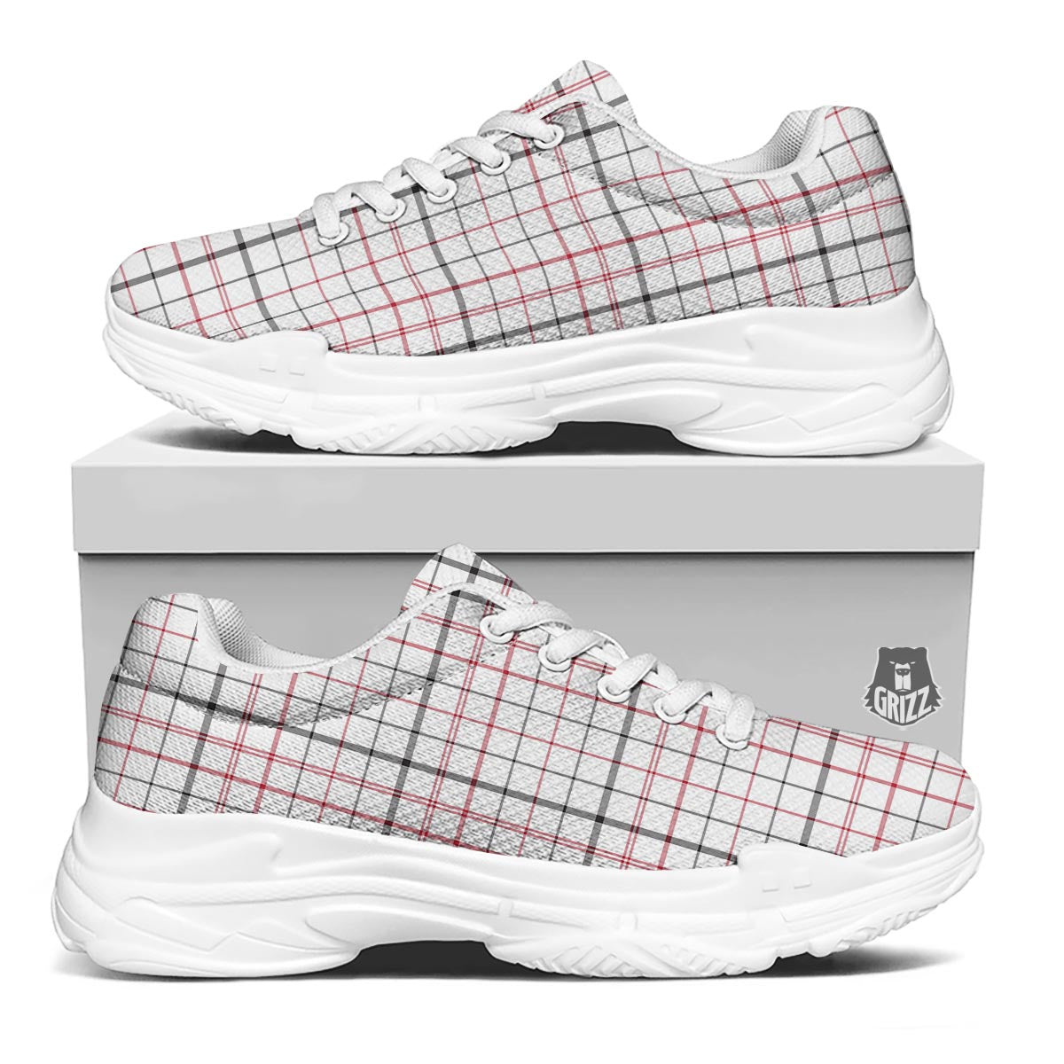 Tattersall White And Red Print Pattern White Chunky Shoes-grizzshop