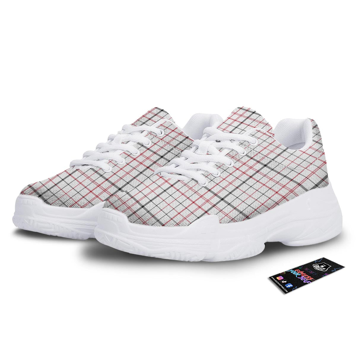 Tattersall White And Red Print Pattern White Chunky Shoes-grizzshop