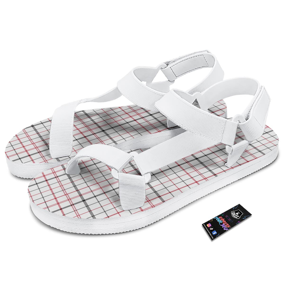 Tattersall White And Red Print Pattern White Open Toe Sandals-grizzshop