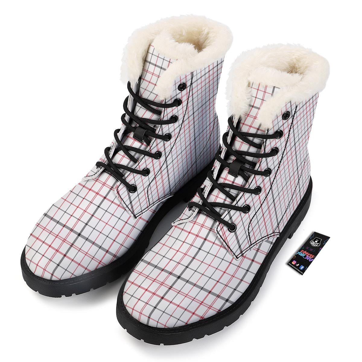 Tattersall White And Red Print Pattern Winter Boots-grizzshop