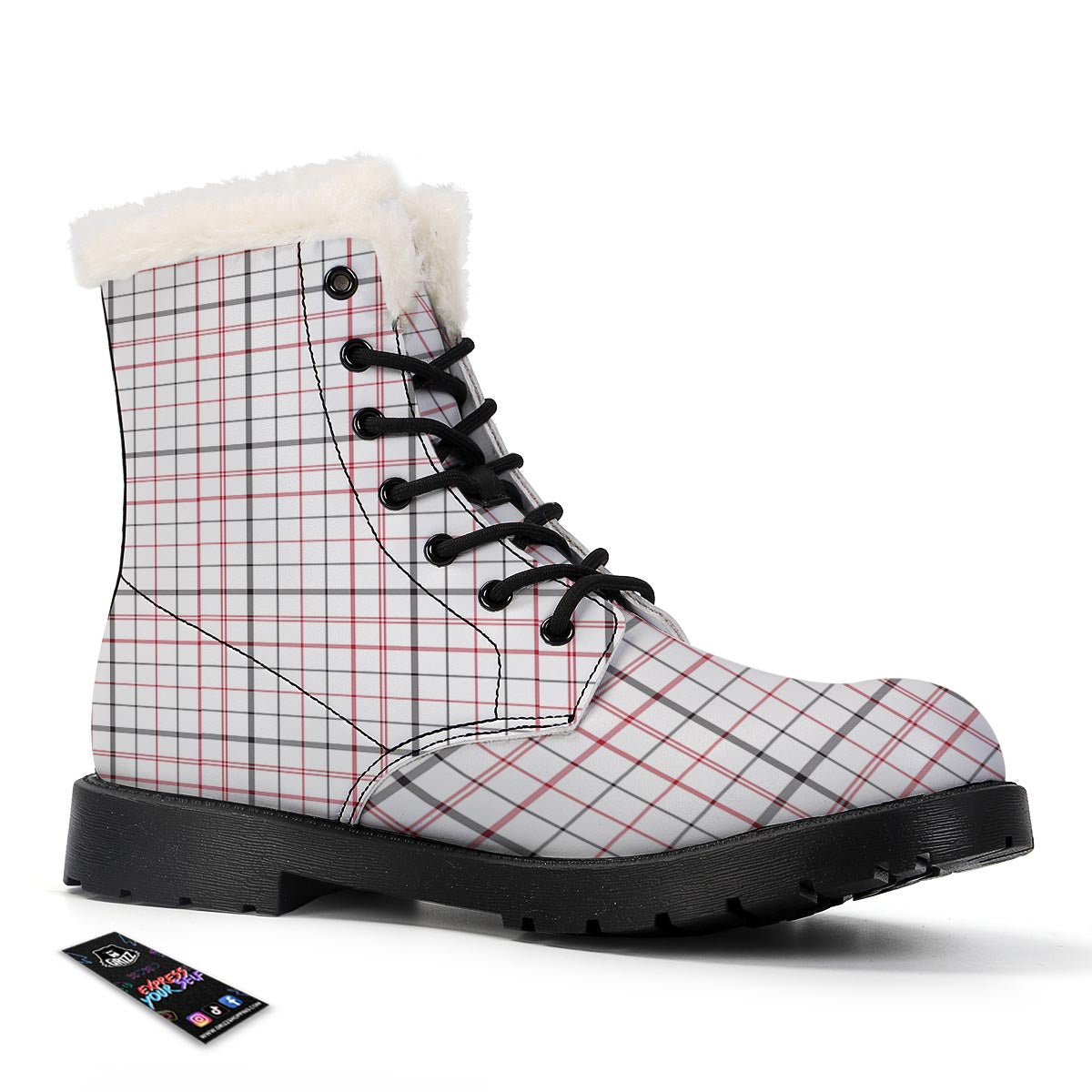 Tattersall White And Red Print Pattern Winter Boots-grizzshop