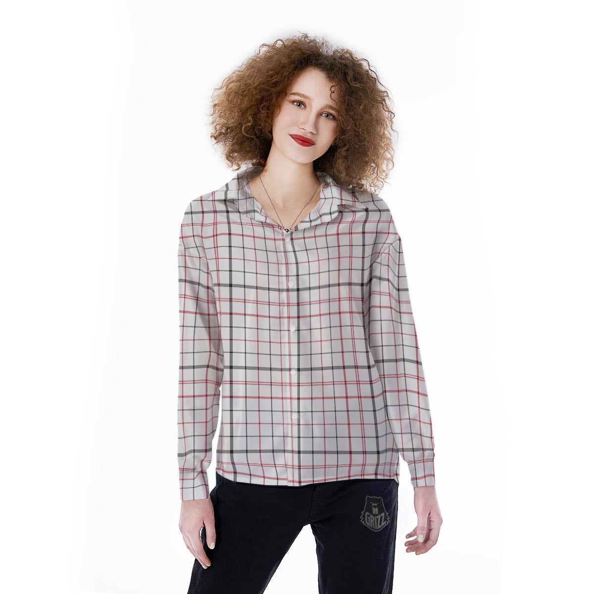 Tattersall White And Red Print Pattern Women's Long Sleeve Shirts-grizzshop