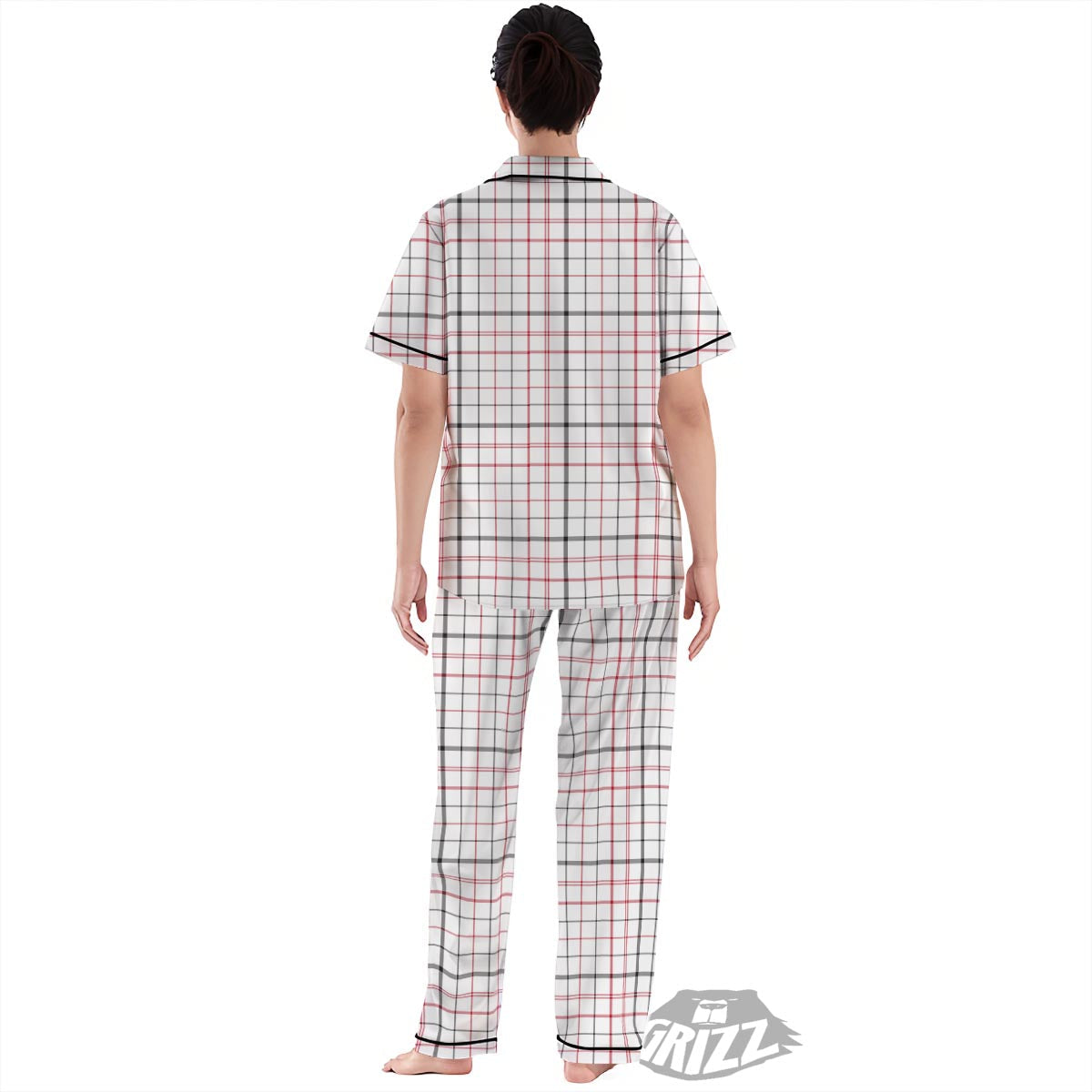 Tattersall White And Red Print Pattern Women's Pajamas Set-grizzshop