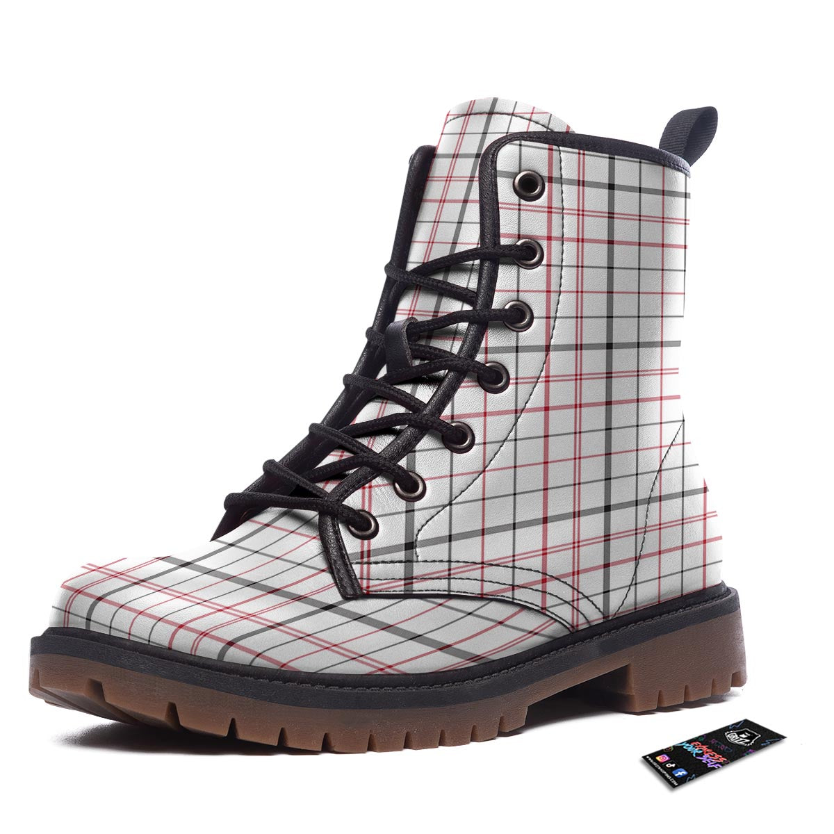 Tattersall White And Red Print Pattern Work Boots-grizzshop
