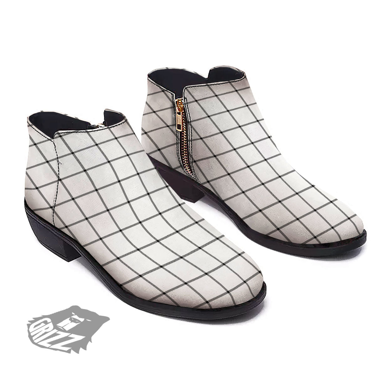 Tattersall White Print Pattern Ankle Boots-grizzshop