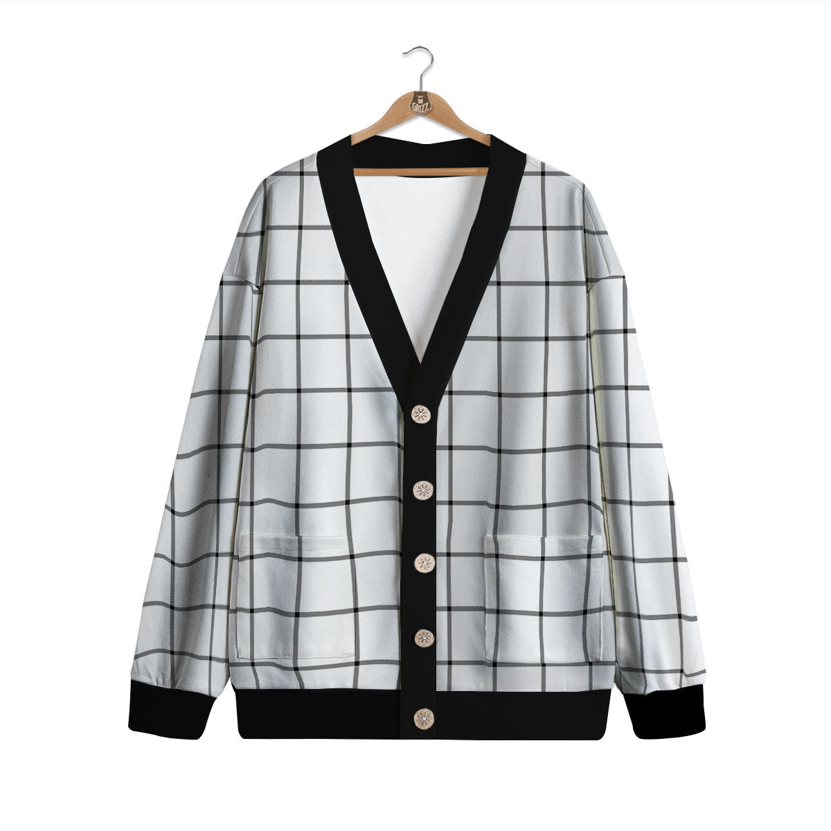 Tattersall White Print Pattern Cardigan-grizzshop