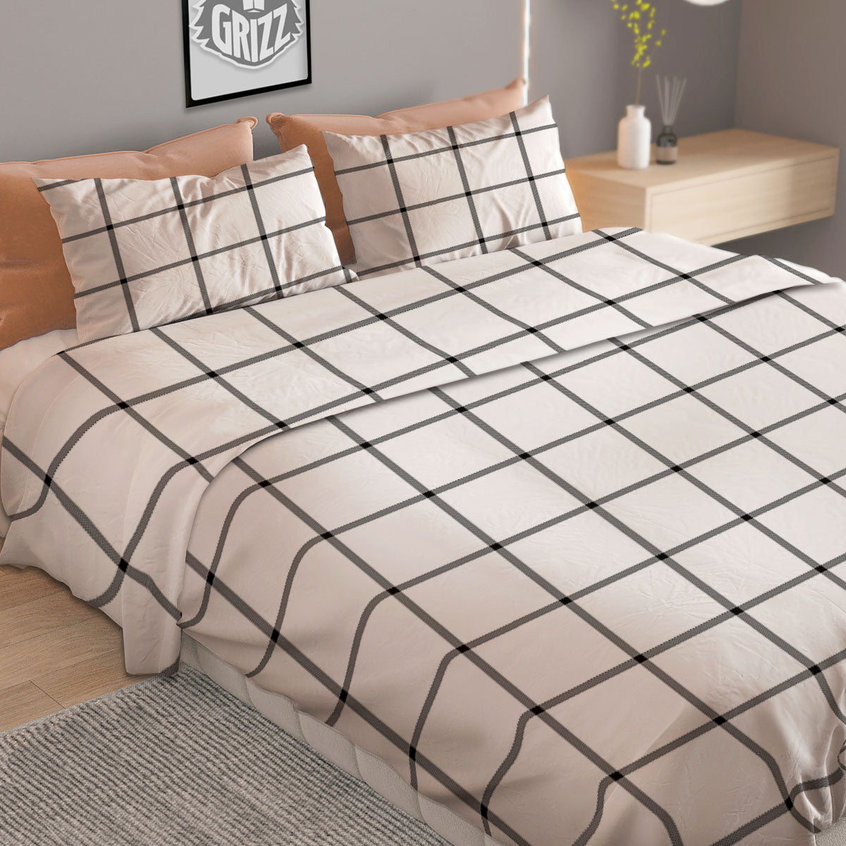 Tattersall White Print Pattern Duvet Cover Bedding Set