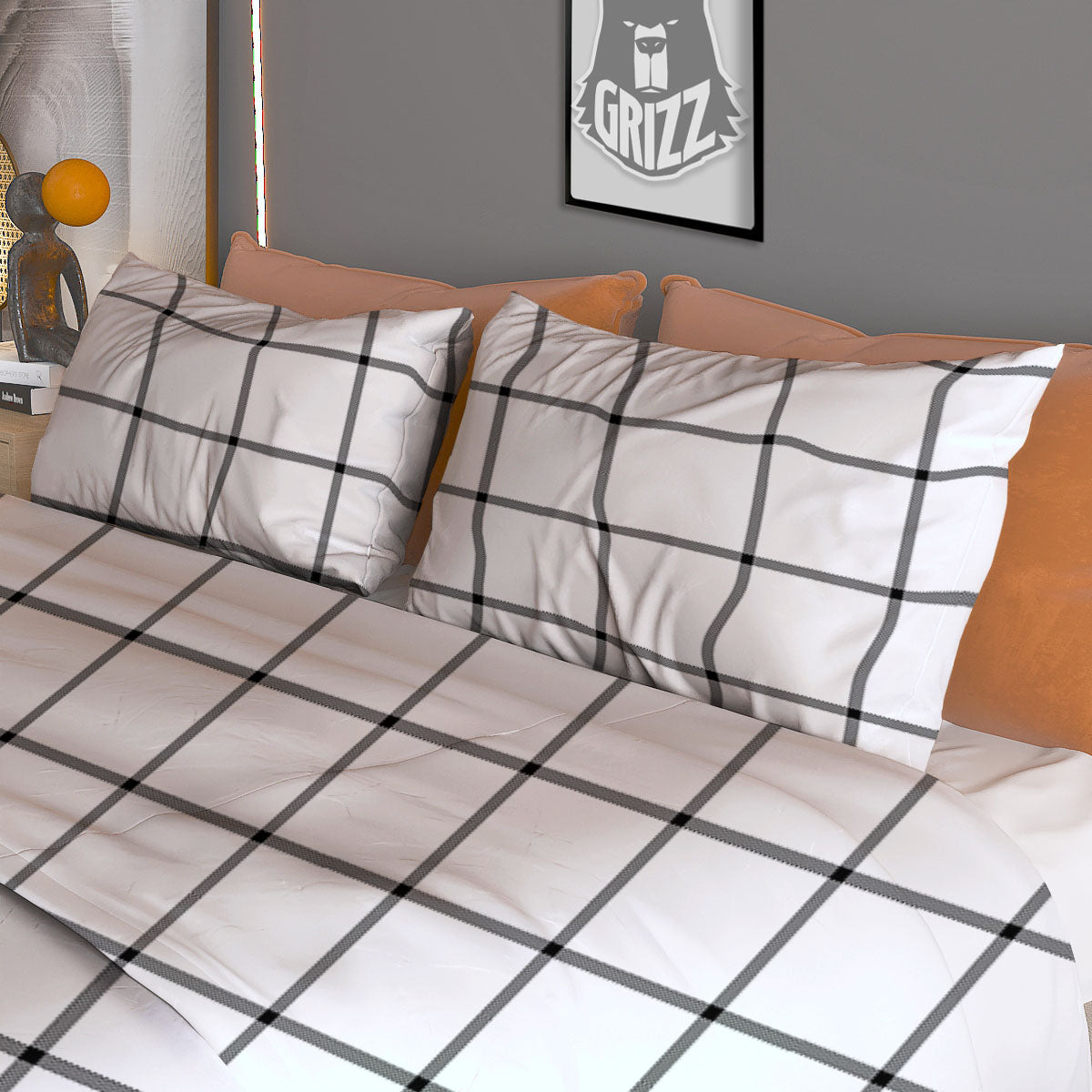 Tattersall White Print Pattern Duvet Cover Bedding Set