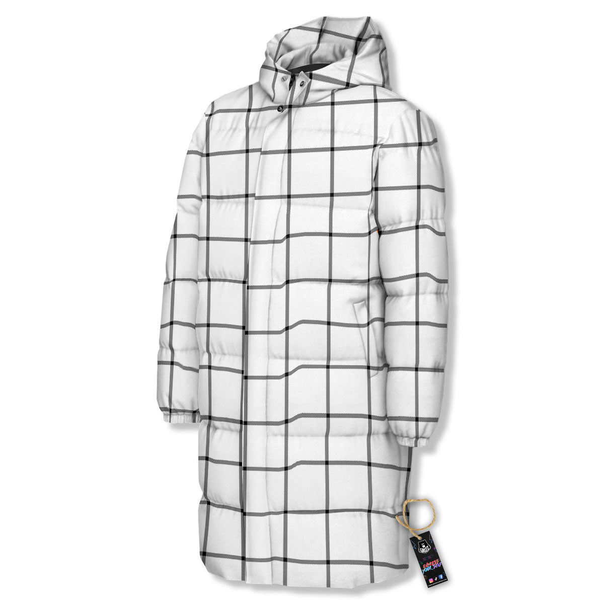 Tattersall White Print Pattern Long Down Jacket-grizzshop
