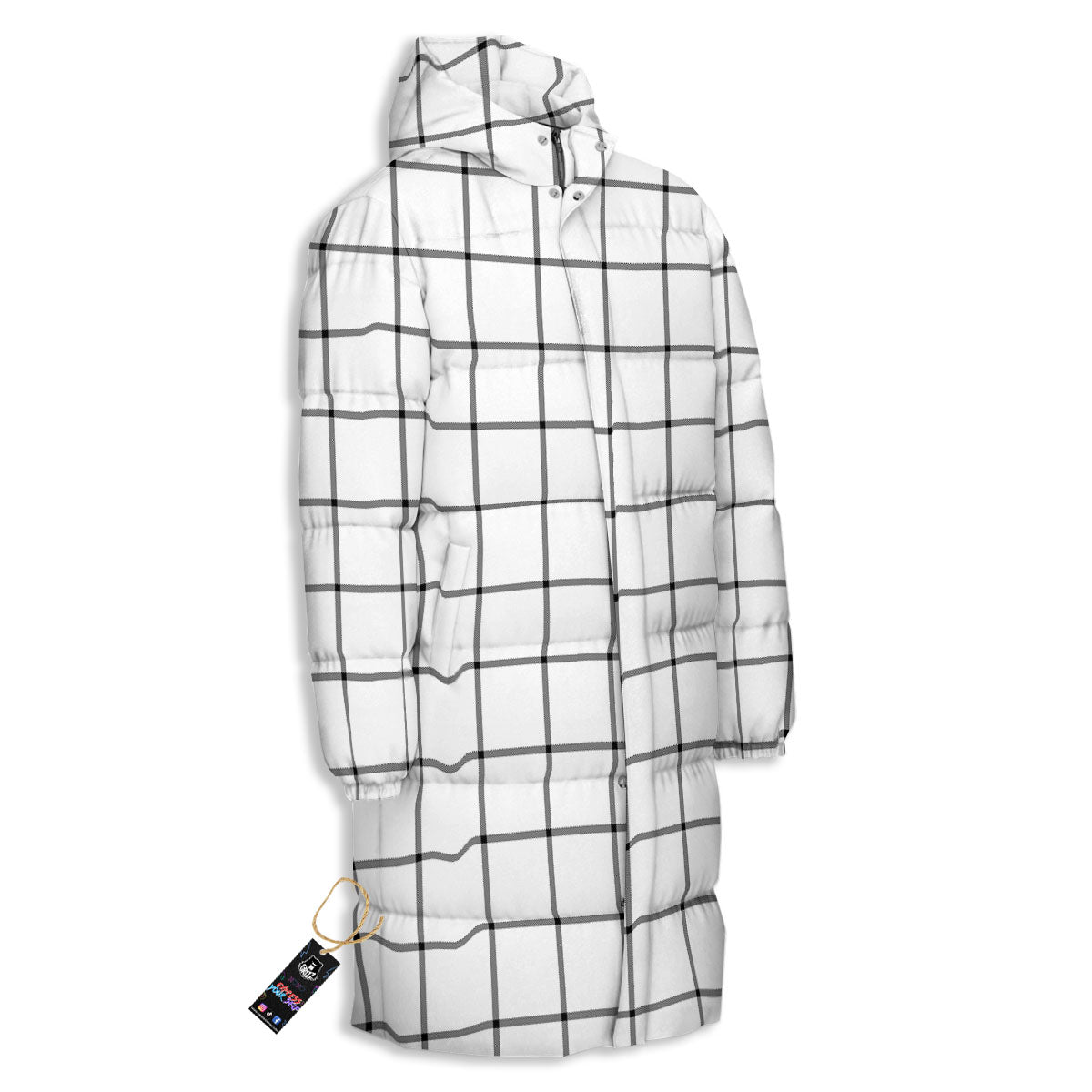 Tattersall White Print Pattern Long Down Jacket-grizzshop