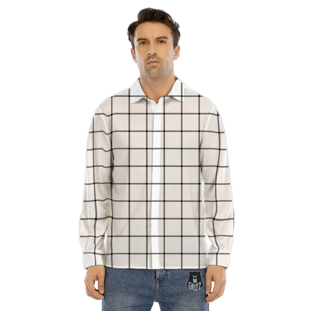Tattersall White Print Pattern Men's Dress Shirts-grizzshop