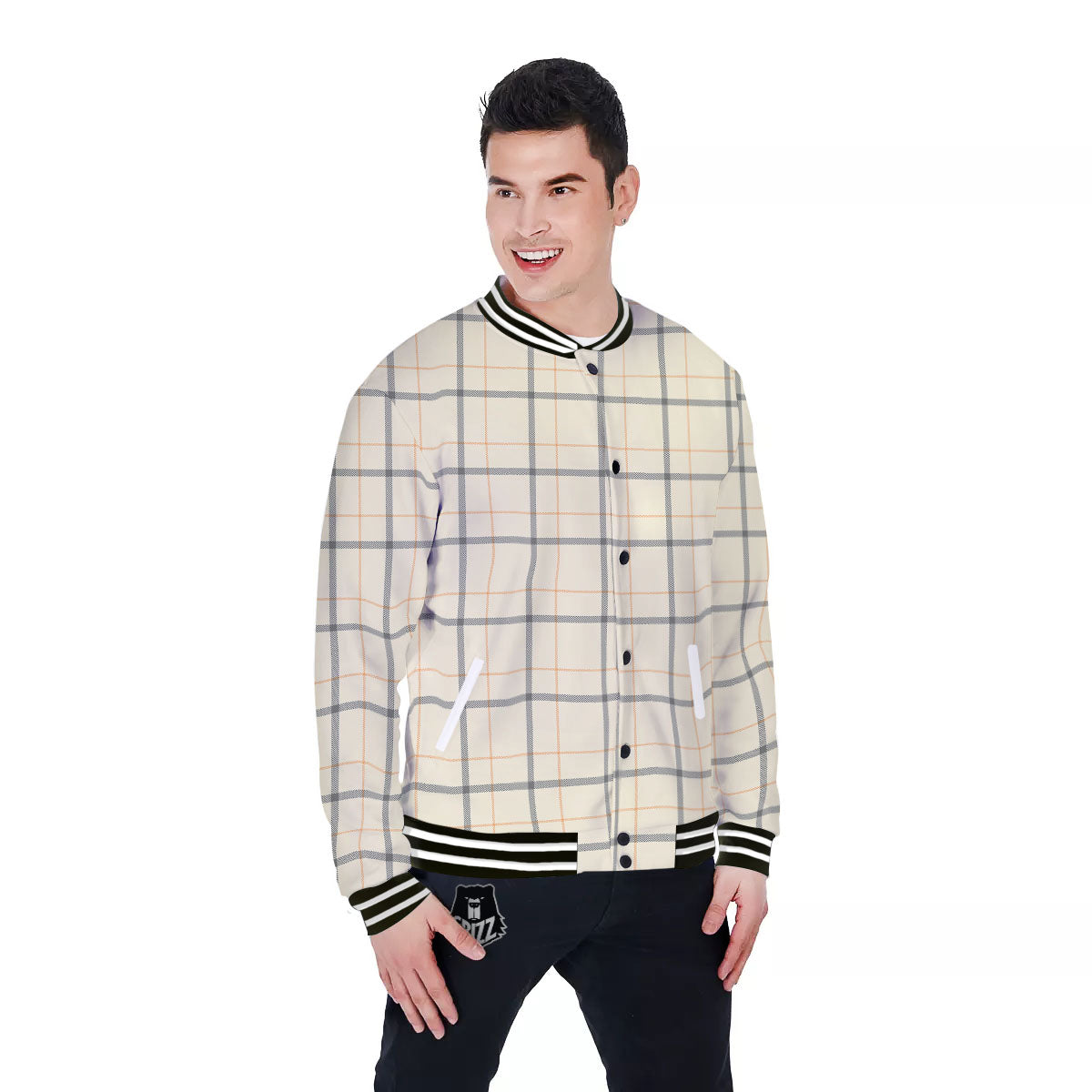 Tattersall Yellow And Beige Print Pattern Baseball Jacket-grizzshop