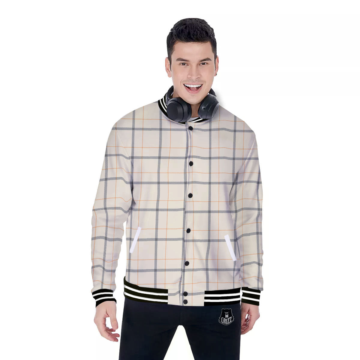 Tattersall Yellow And Beige Print Pattern Baseball Jacket-grizzshop