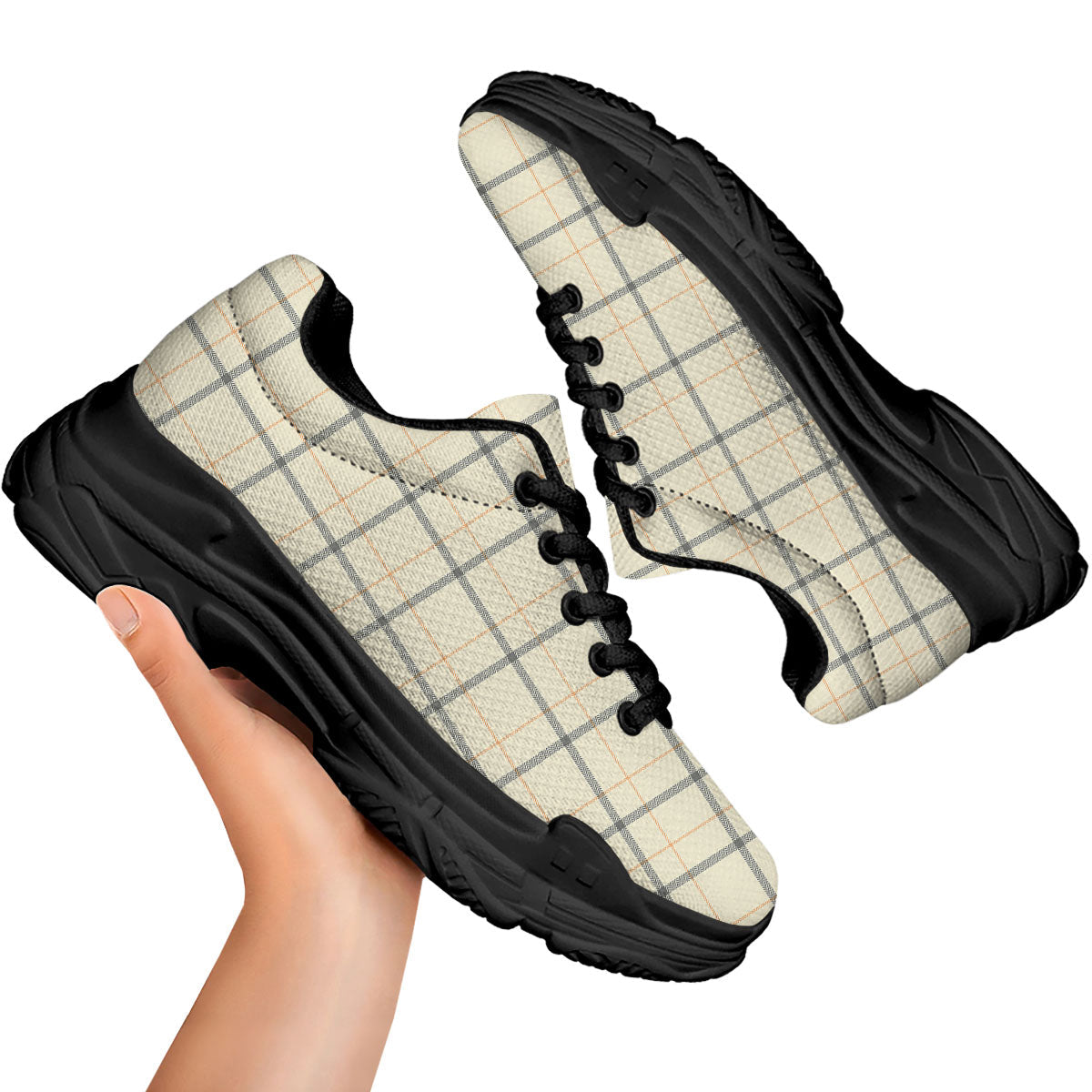 Tattersall Yellow And Beige Print Pattern Black Chunky Shoes-grizzshop