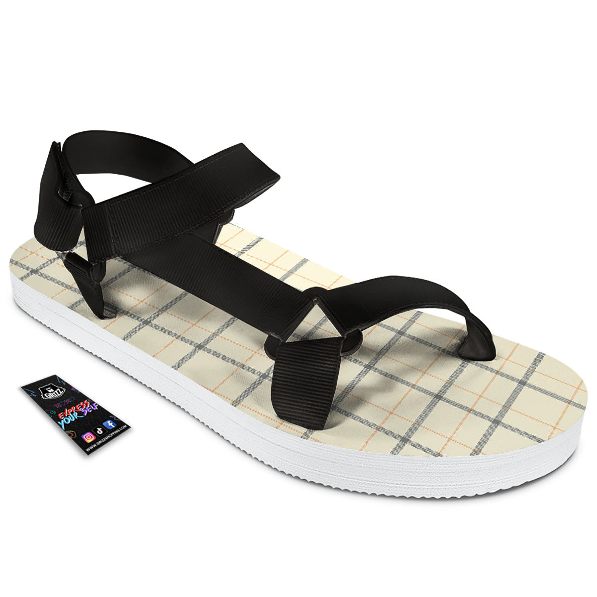 Tattersall Yellow And Beige Print Pattern Black Open Toe Sandals-grizzshop