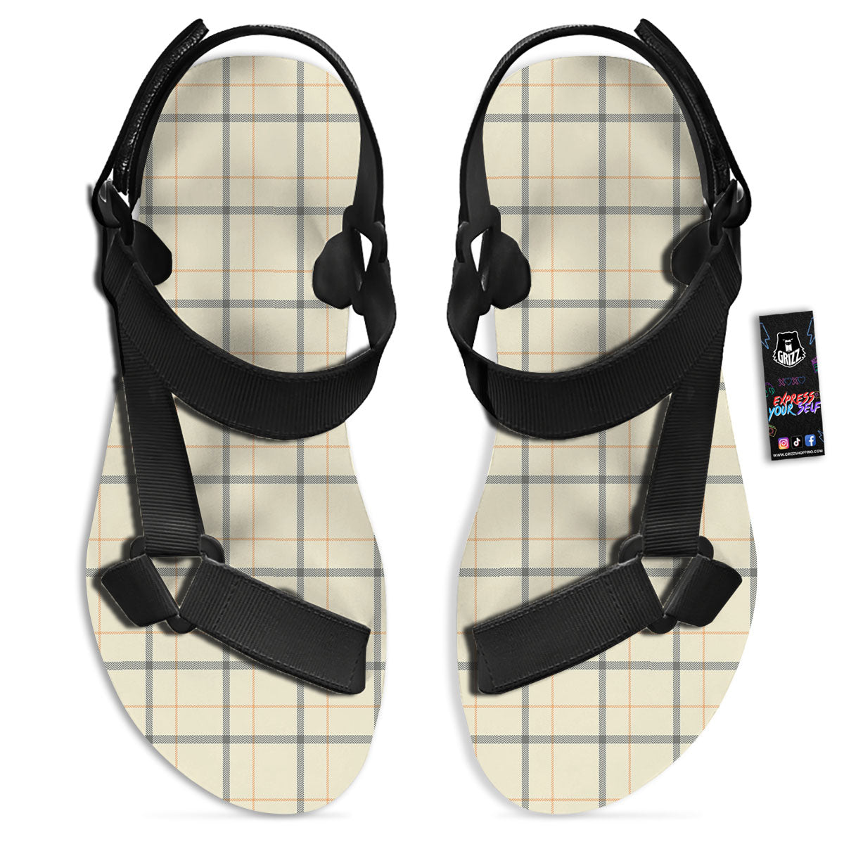 Tattersall Yellow And Beige Print Pattern Black Open Toe Sandals-grizzshop