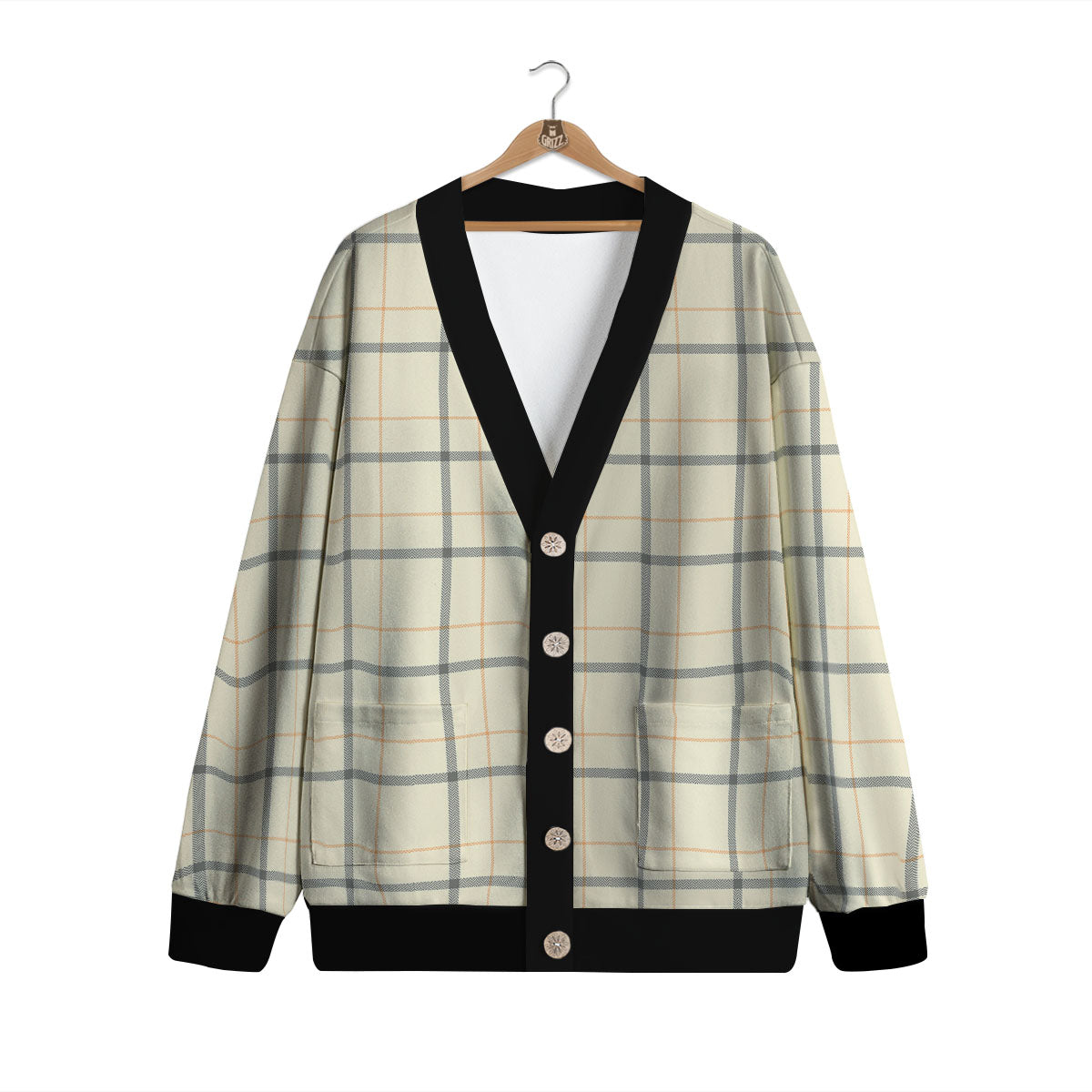 Tattersall Yellow And Beige Print Pattern Cardigan-grizzshop
