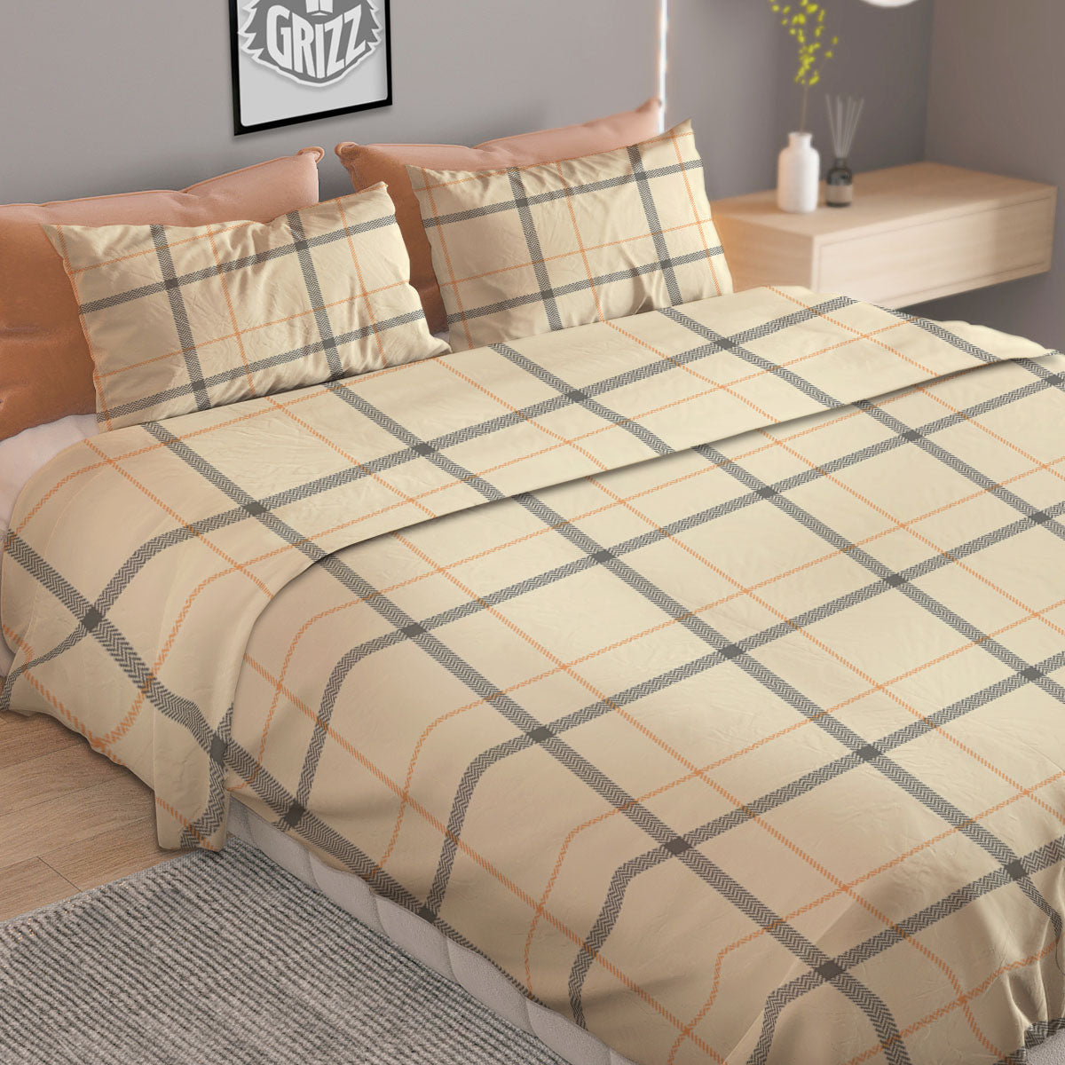 Tattersall Yellow And Beige Print Pattern Duvet Cover Bedding Set