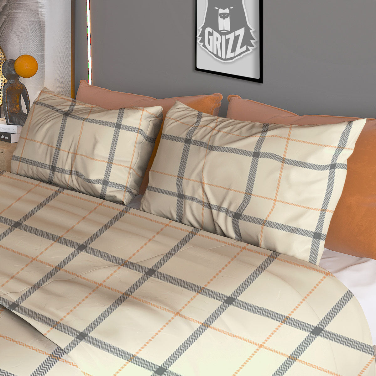 Tattersall Yellow And Beige Print Pattern Duvet Cover Bedding Set