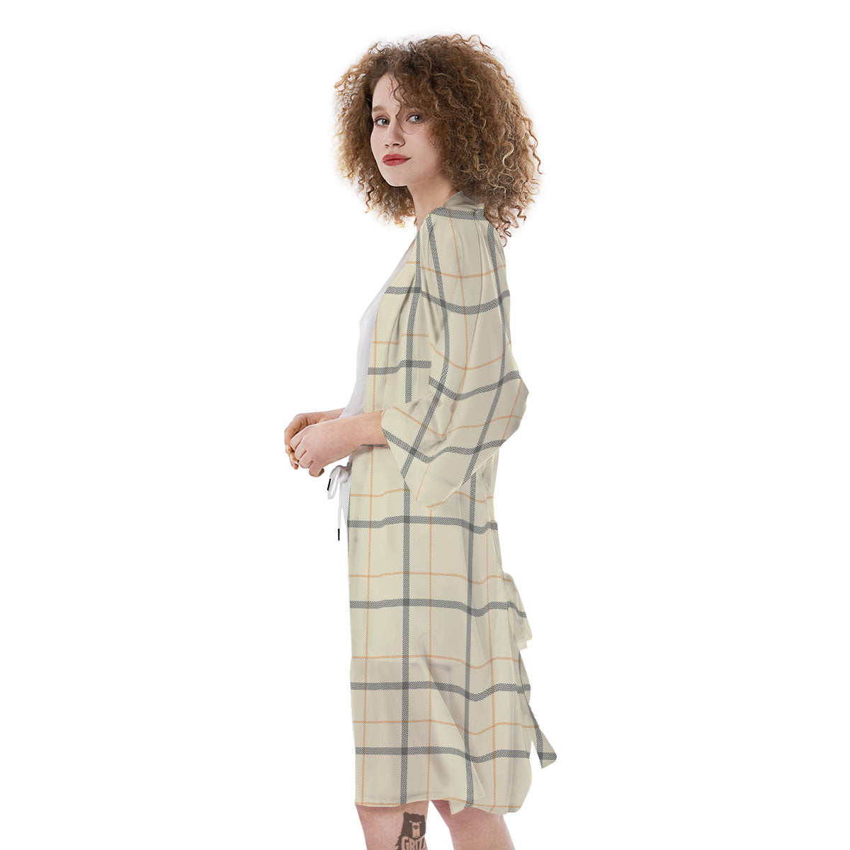 Tattersall Yellow And Beige Print Pattern Kimono-grizzshop