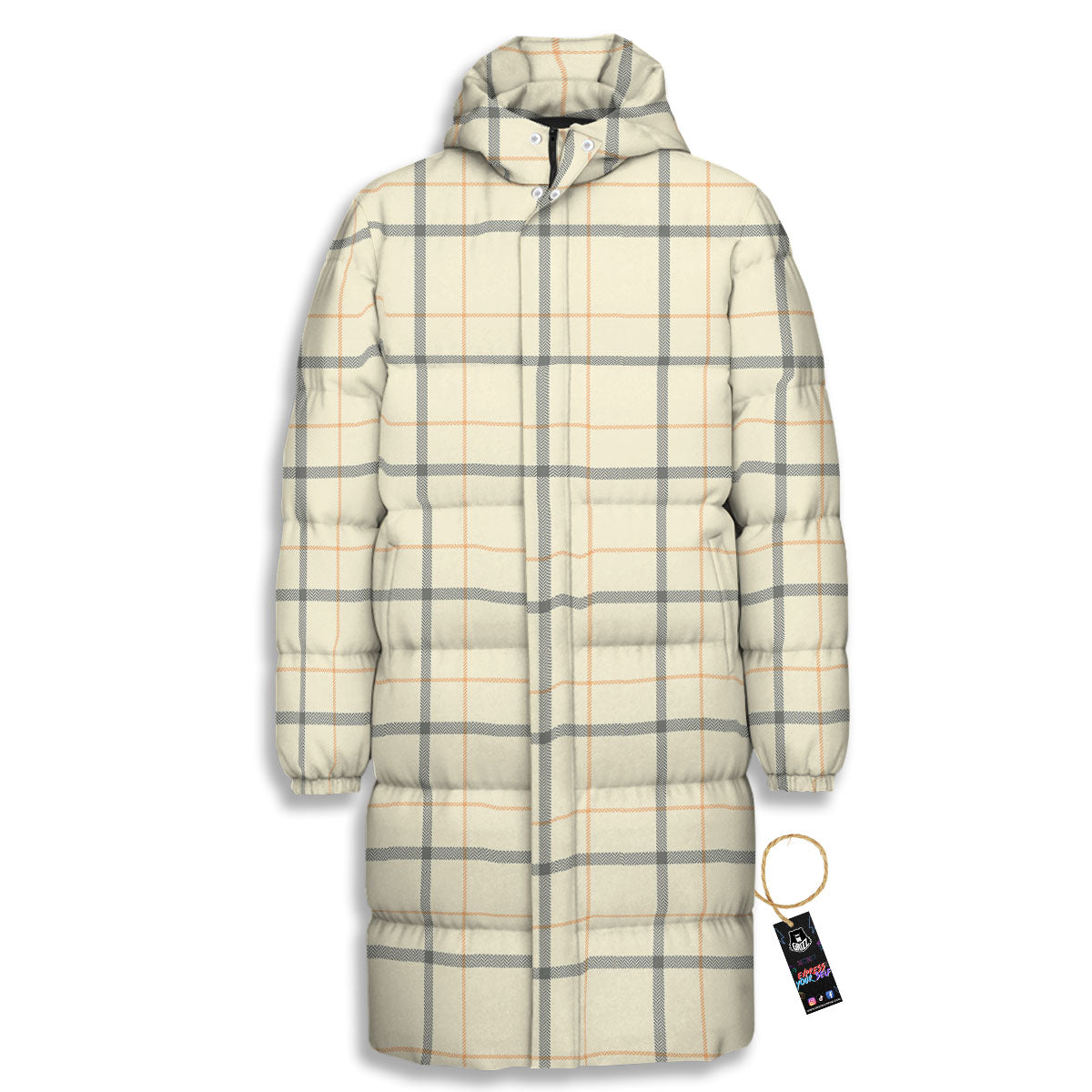 Tattersall Yellow And Beige Print Pattern Long Down Jacket-grizzshop
