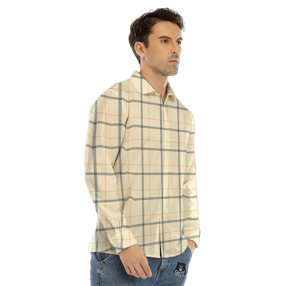 Tattersall Yellow And Beige Print Pattern Men's Dress Shirts-grizzshop