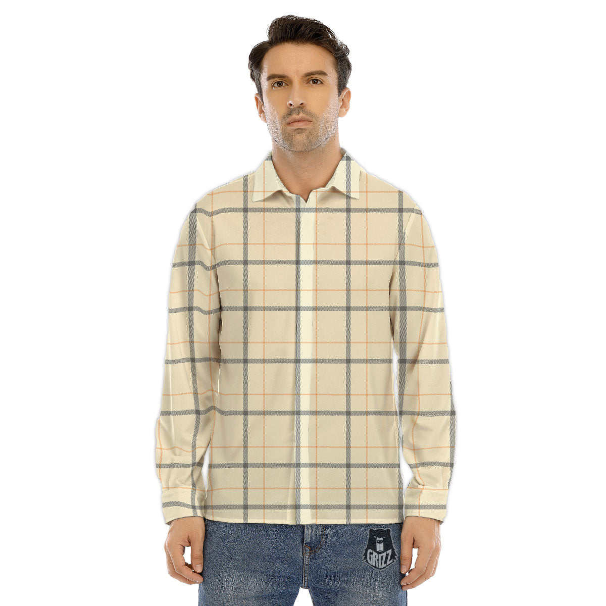 Tattersall Yellow And Beige Print Pattern Men's Dress Shirts-grizzshop