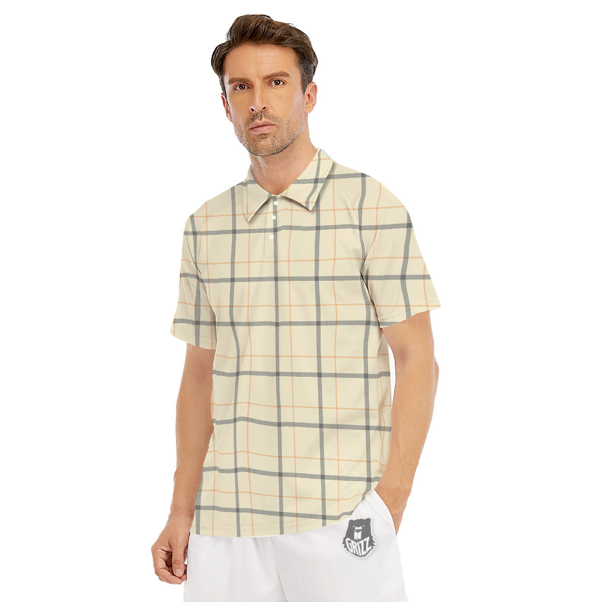 Tattersall Yellow And Beige Print Pattern Men's Golf Shirts-grizzshop