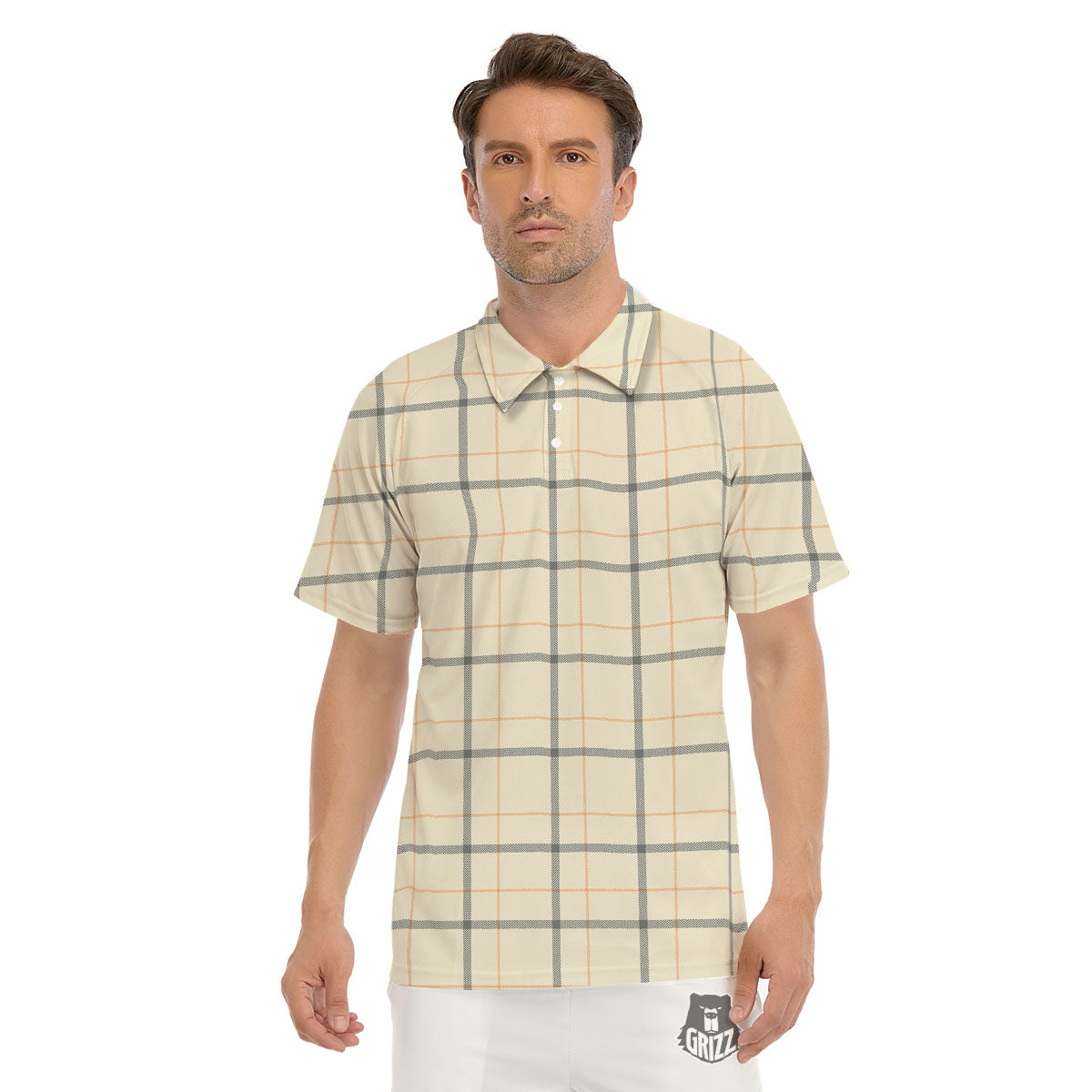Tattersall Yellow And Beige Print Pattern Men's Golf Shirts-grizzshop