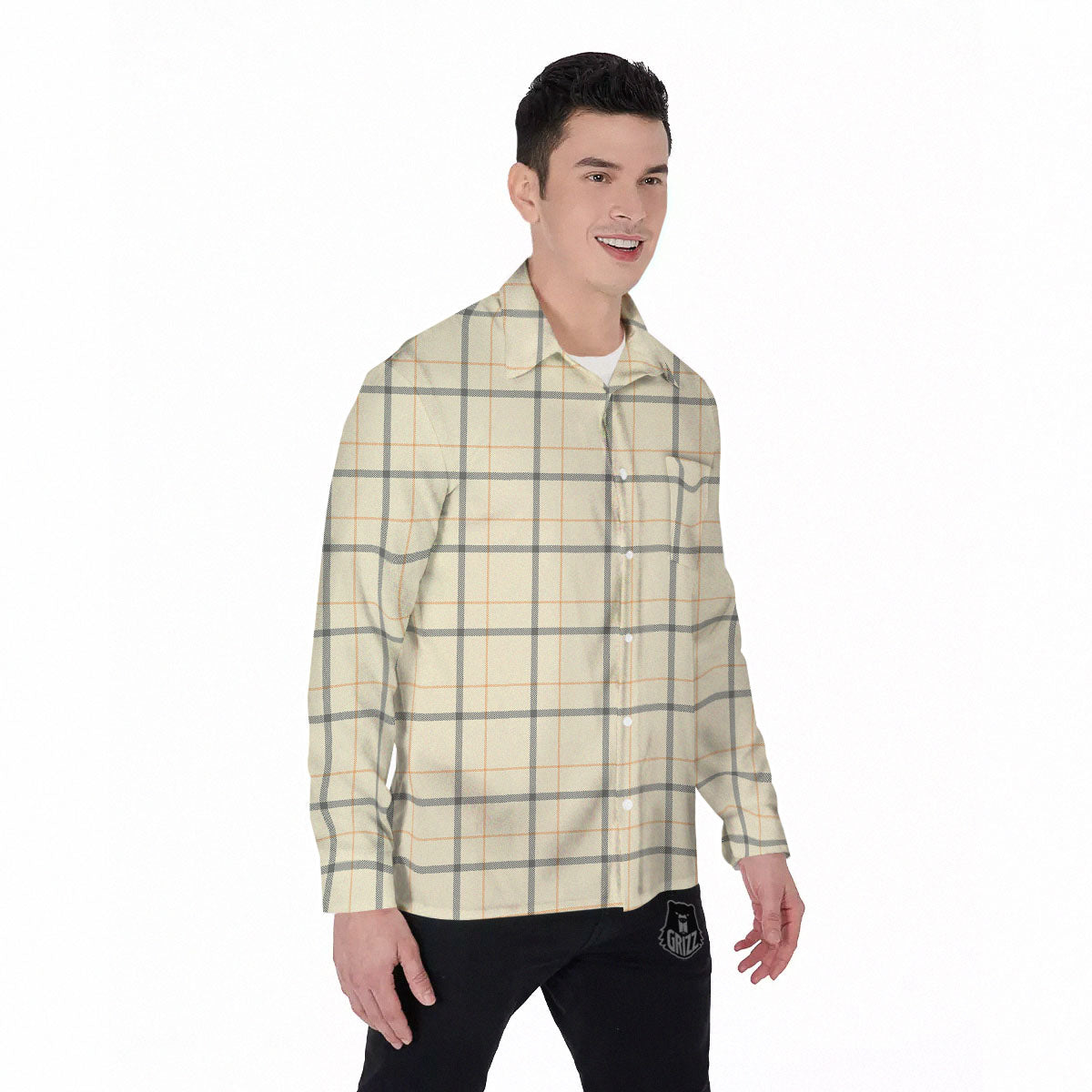 Tattersall Yellow And Beige Print Pattern Men's Long Sleeve Shirts-grizzshop