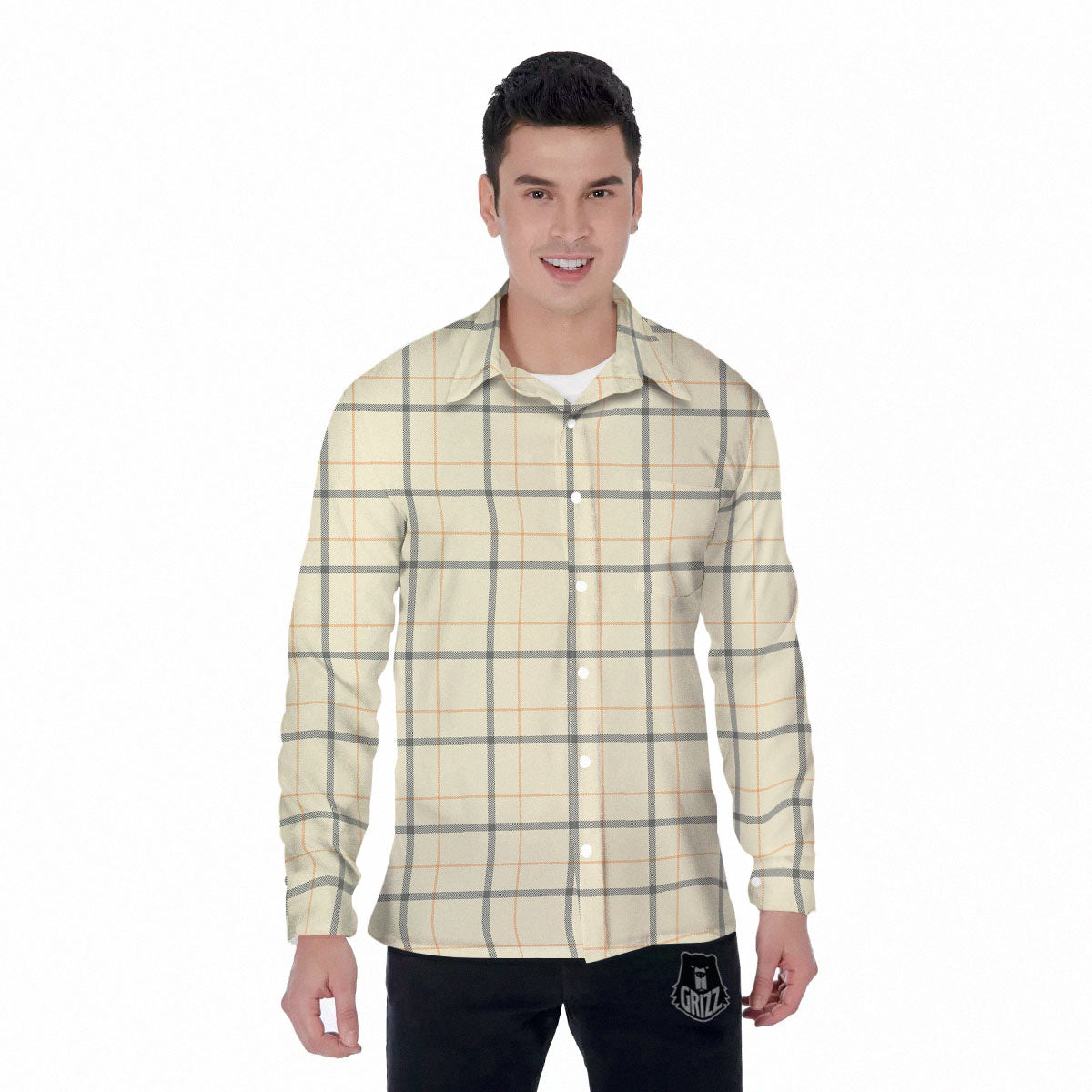 Tattersall Yellow And Beige Print Pattern Men's Long Sleeve Shirts-grizzshop