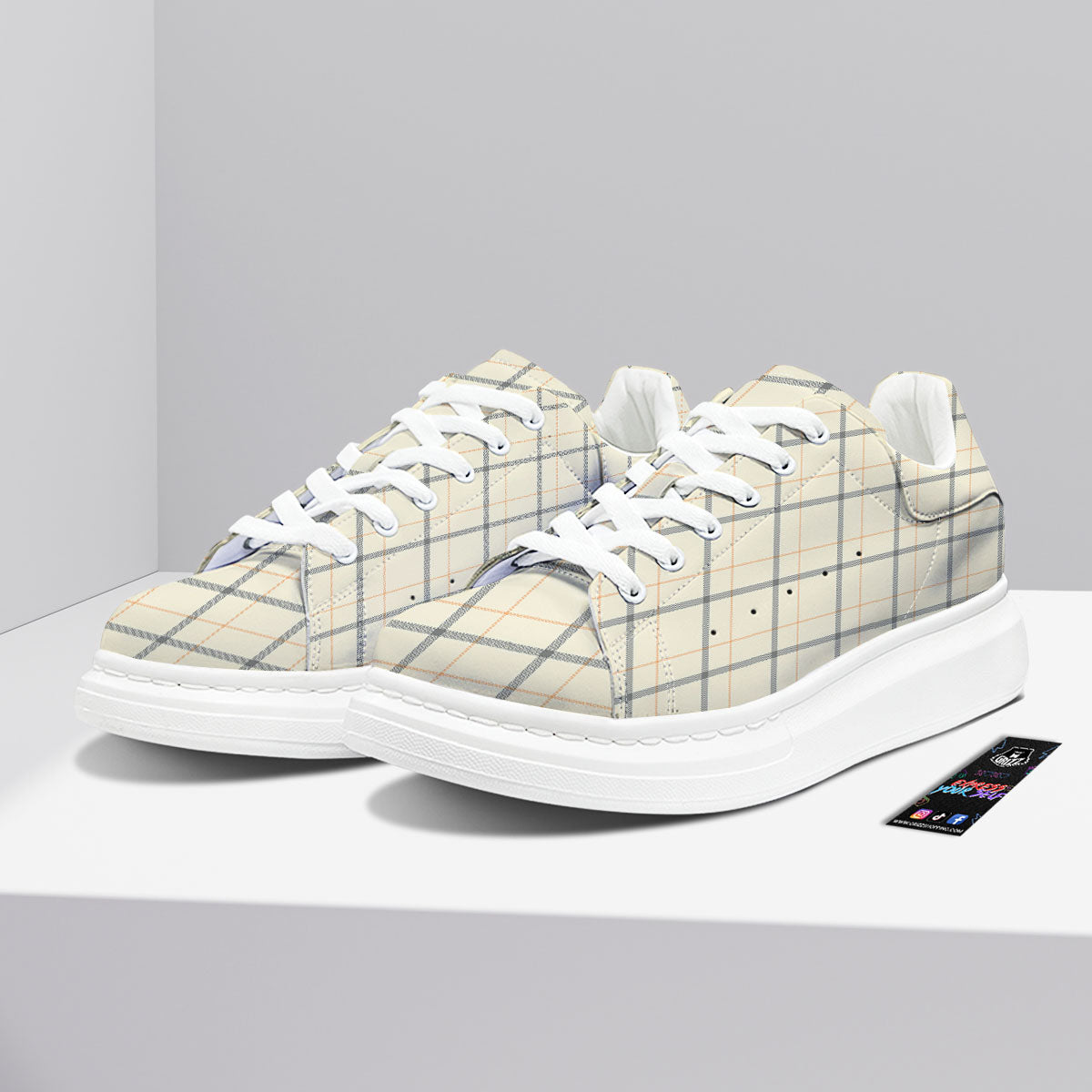 Tattersall Yellow And Beige Print Pattern Platform Shoes-grizzshop