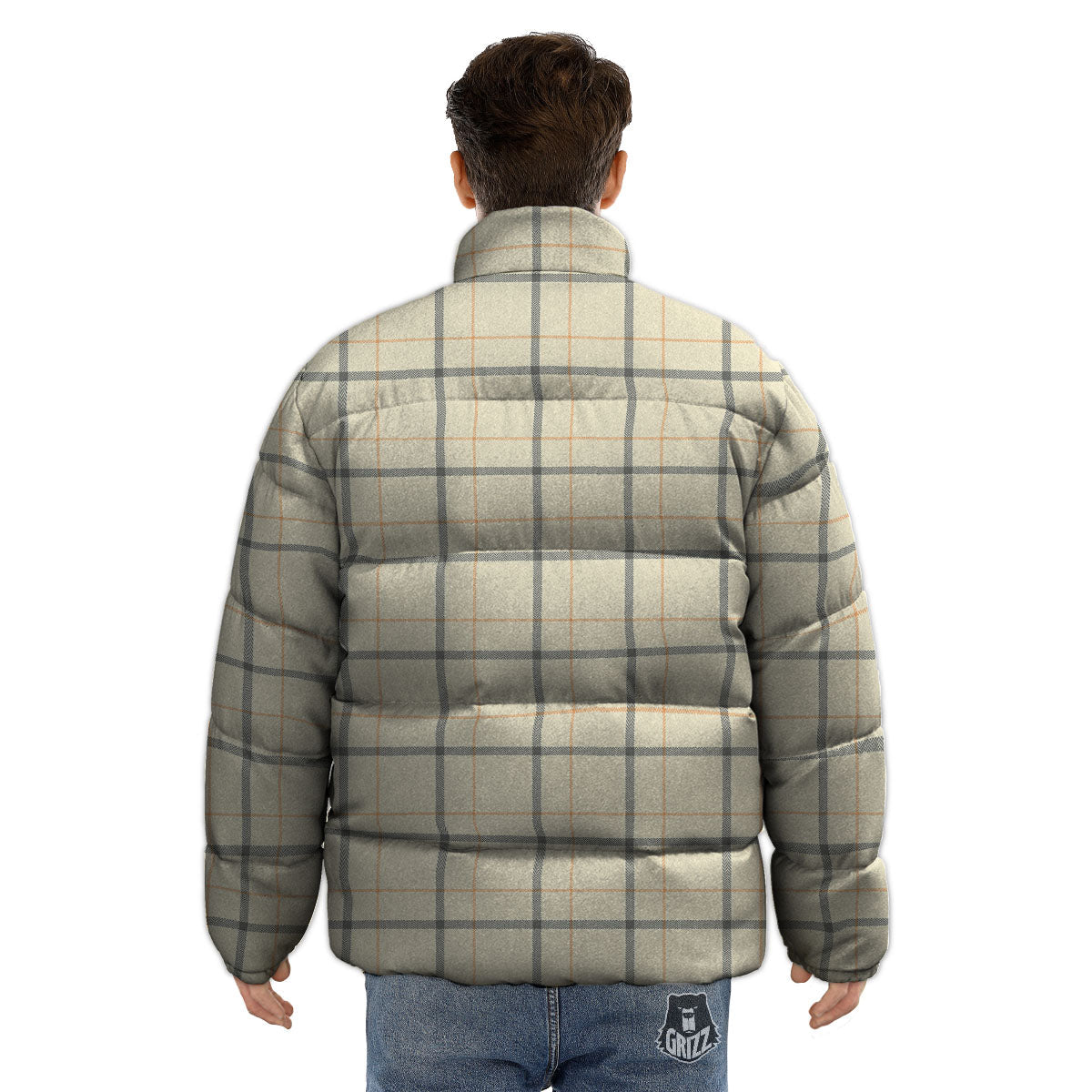 Tattersall Yellow And Beige Print Pattern Puffer Jacket-grizzshop
