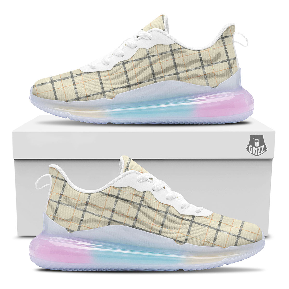Tattersall Yellow And Beige Print Pattern Running Sneakers-grizzshop