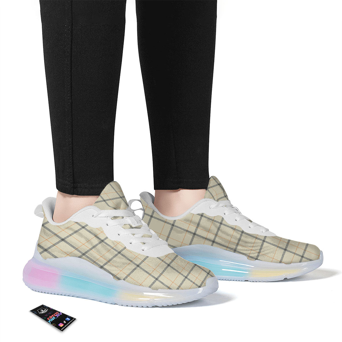 Tattersall Yellow And Beige Print Pattern Running Sneakers-grizzshop