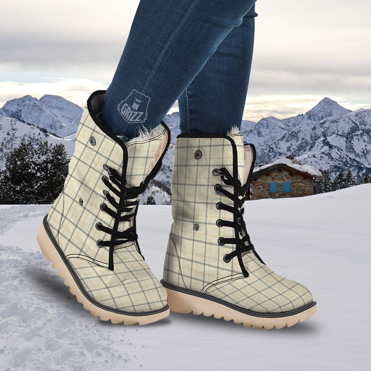 Tattersall Yellow And Beige Print Pattern Snow Boots-grizzshop