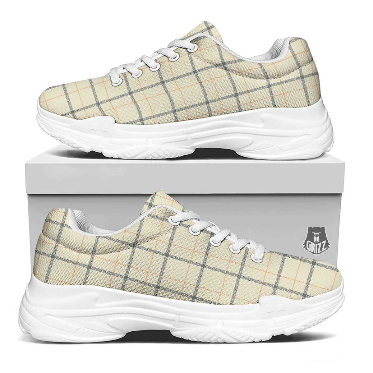 Tattersall Yellow And Beige Print Pattern White Chunky Shoes-grizzshop
