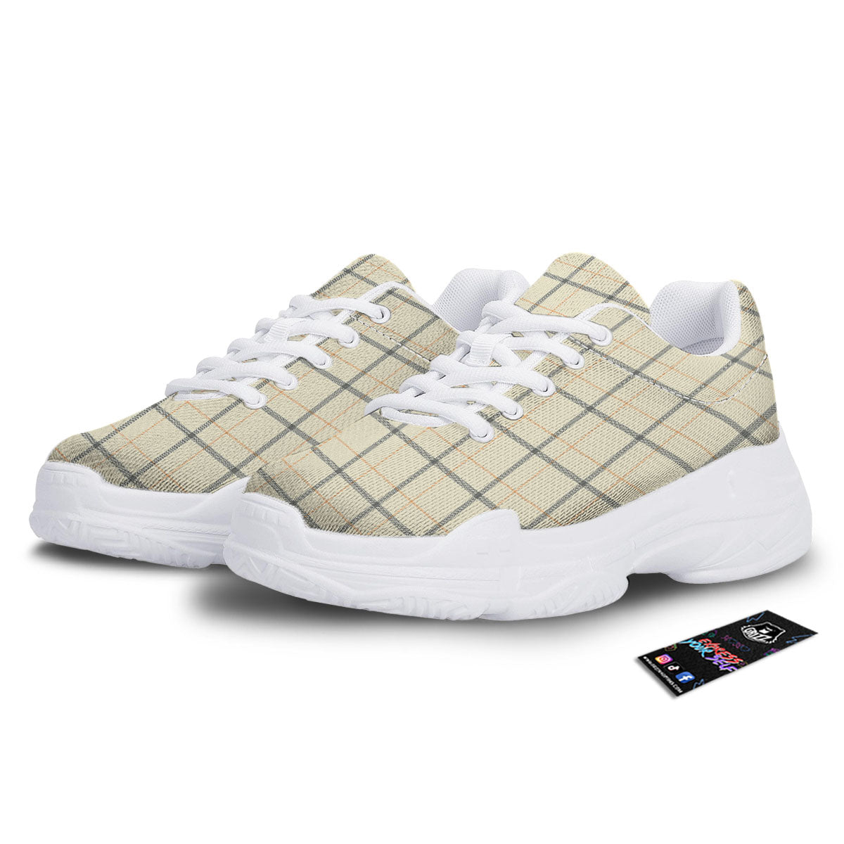 Tattersall Yellow And Beige Print Pattern White Chunky Shoes-grizzshop